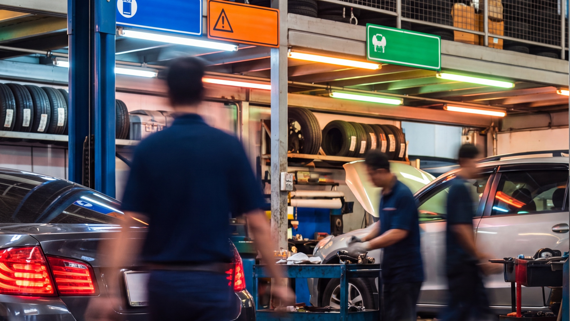 Technicians at work in a busy independent car workshop, cars on lifts and tyres racked along the wall.