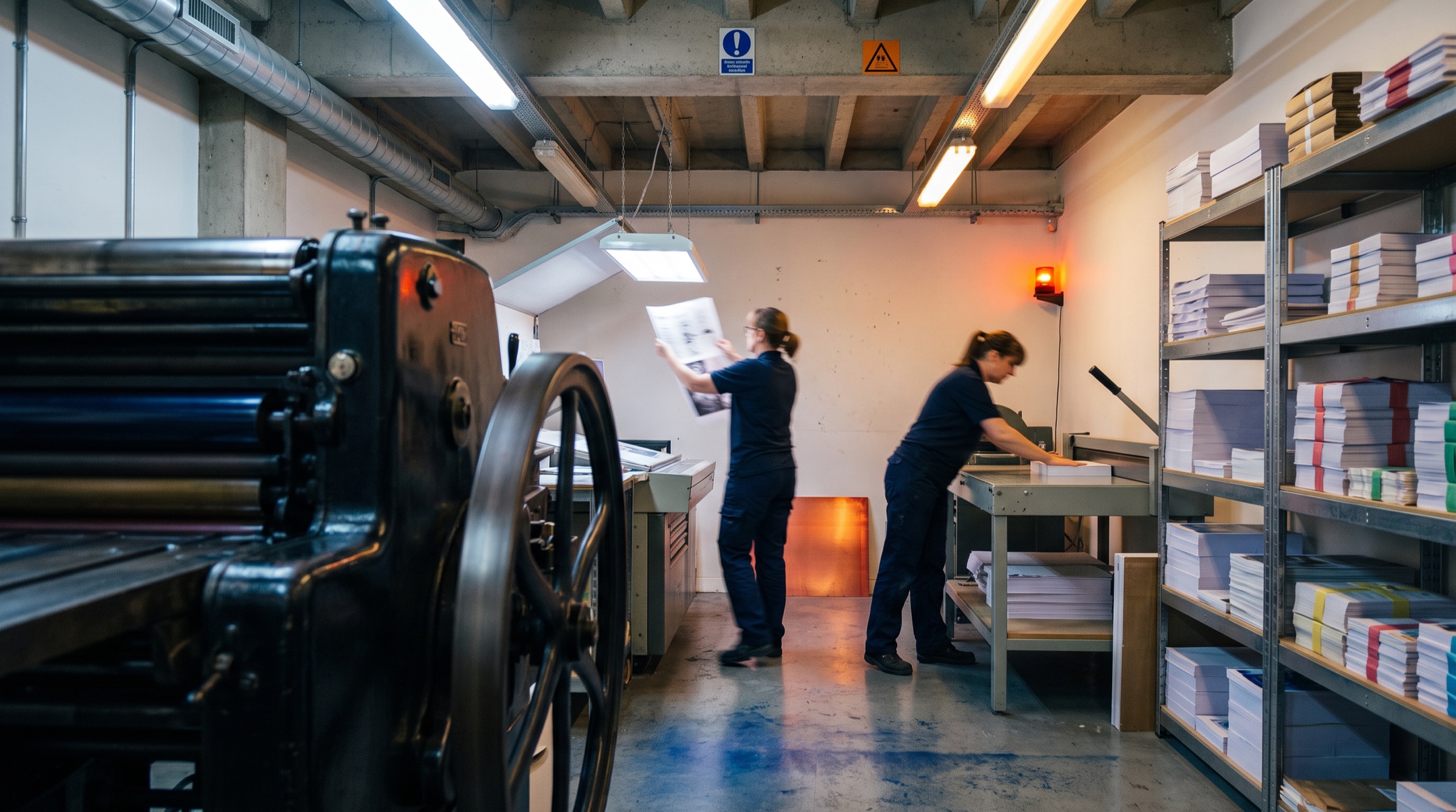 Press operators at work in a small print house, an offset press in the foreground and printed signatures racked behind.